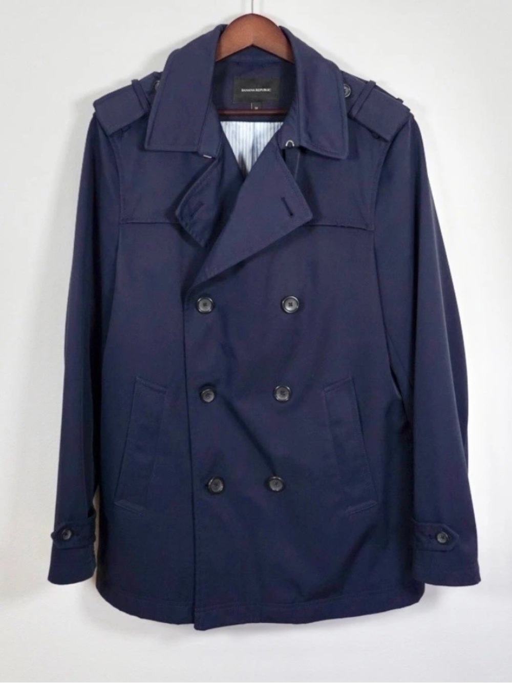 Banana Republic Men's Double Breasted‎ Short Trench Rain Coat Navy Blue Sz Small